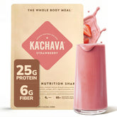 Ka'Chava front packaging showing 15-serving tub and strawberry benefit