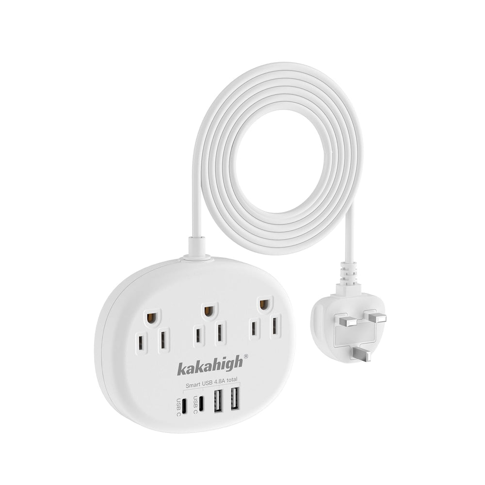 kakahigh front view of UK power strip showing outlet layout and portability benefit