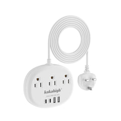 kakahigh front view of UK power strip showing outlet layout and portability benefit