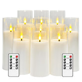kakoya front pack display showing nine white acrylic pillar candles and remote for easy ambiance