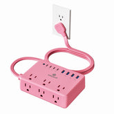 kakyanill front view of pink power strip showing all outlets and USB ports for versatile charging
