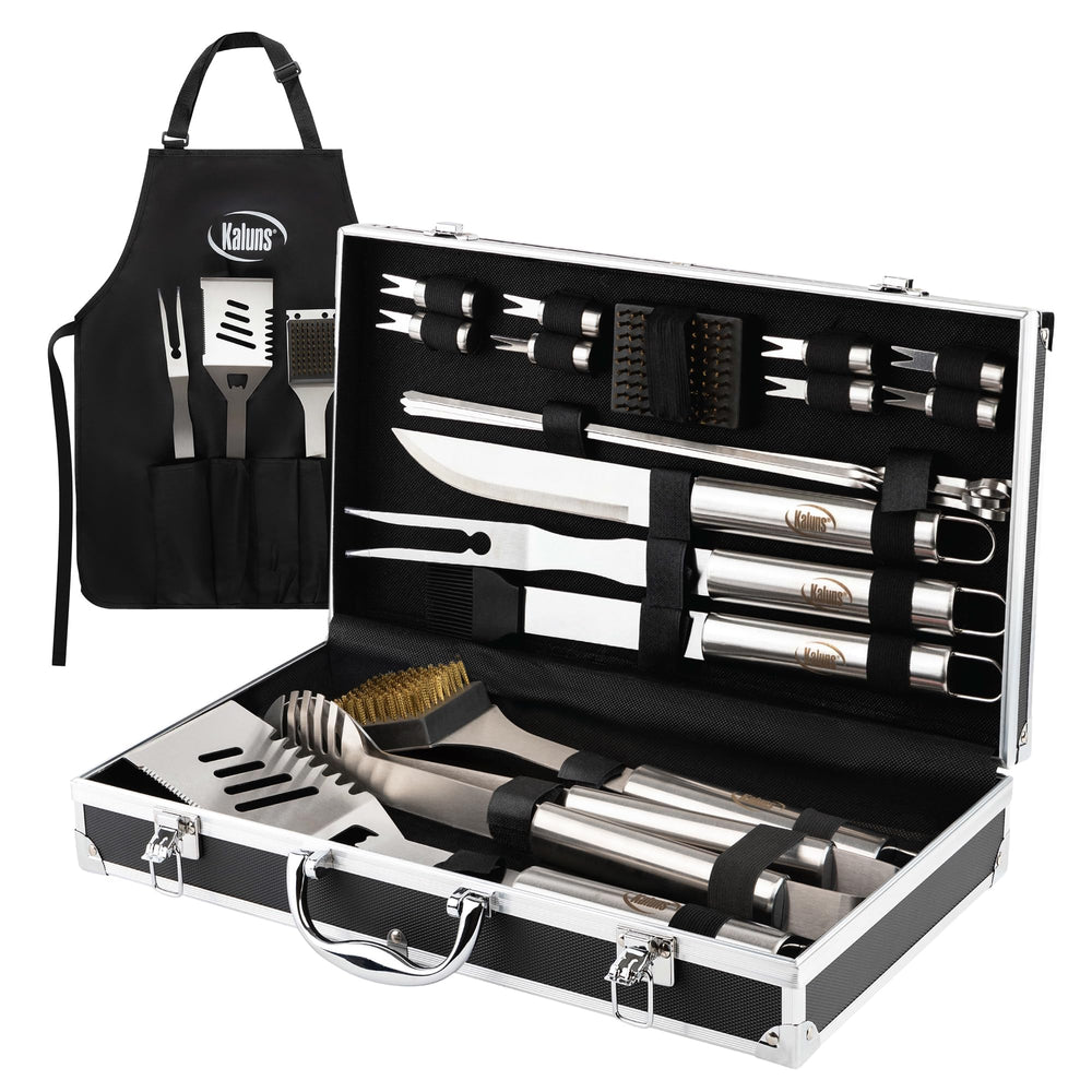 Kaluns aluminum case front view showing organized 21-piece kit and easy transport