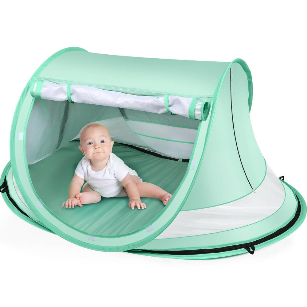 Kapeazo front view of green tent showing roomy shaded entrance benefit