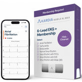 KARDIAMOBILE 6L Max front view showing compact device and electrodes for portable monitoring