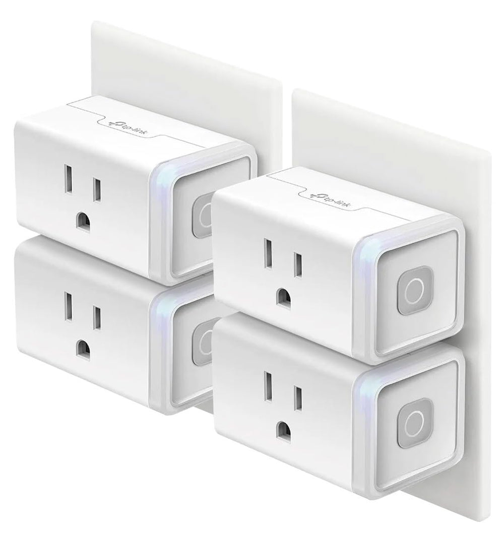 Kasa Smart HS103P4 front view showing four white smart plugs and compact design for space saving