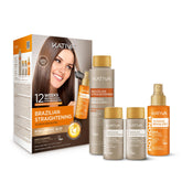KATIVA kit front packaging showing complete Brazilian keratin set and benefits