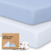KeaBabies Blue Flax pack showing two fitted crib sheets and soft fabric benefit