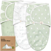 KeaBabies front view of three-pack bunnies swaddle showing prints and packaging benefit