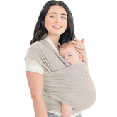 KeaBabies front view of Stone Gray wrap showing full-length fabric and secure fit benefit