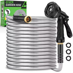 Kebose front view of 50ft hose showing durable stainless-steel shell and length benefit