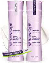 Keranique front packaging showing shampoo and conditioner for visible repair benefits