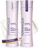 Keranique front packaging showing volumizing set for fuller hair benefits