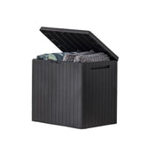 Keter City front angle showing compact storage and stylish wood look