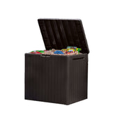 Keter front view showing compact brown storage box and neat patio benefit