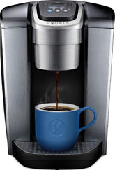 Keurig K-Elite front view showing brushed silver finish and compact design benefit