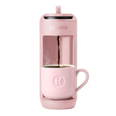 Keurig K-Mini Mate front view showing compact brewer and pink sands finish, saves counter space