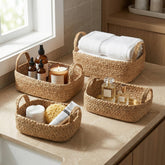 KIBAGA front view of four jute baskets showing neat shelf storage benefit