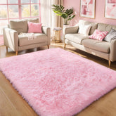 KICHOWUA pink fluffy rug front view showing plush comfort