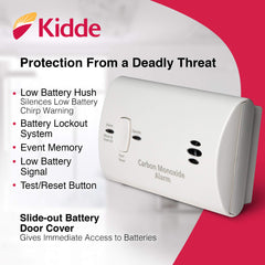 Kidde CO detector back with open battery compartment and AA batteries for quick setup benefit