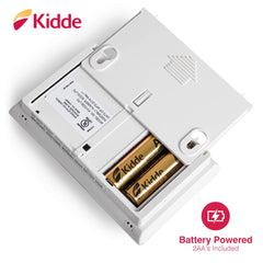 Kidde CO detector test-reset button detail enabling simple operation and hush feature benefit