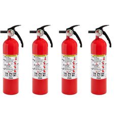 Kidde front view four-pack showing compact extinguishers and brackets for whole-home coverage