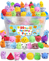 Kidific front packaging showing 80 assorted squishy toys for easy party prep and gifting