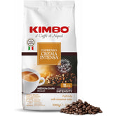 KIMBO bag front view showing Crema Intensa branding and size 2.2 lb, highlights freshness