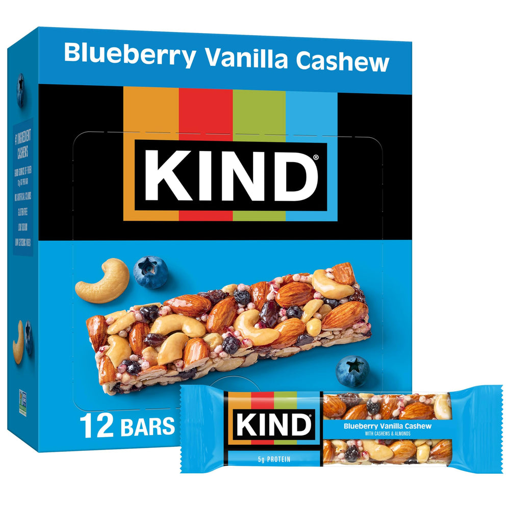KIND front packaging showing blueberry vanilla cashew bars and benefits