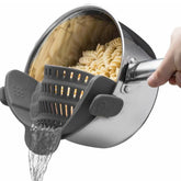 Kitchen Gizmo Snap N' Strain front view shows compact clip-on design and benefit of space saving