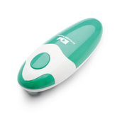 Kitchen Mama teal front view showing compact one-touch opener and clear controls for convenience