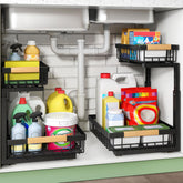 Kitstorack front view showing two-tier under-sink organizer for organized storage