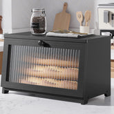 Kitsure front view bread box showing sleek black bamboo and magnetic door for countertop organization