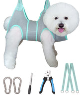 Kkiimatt front view of gray grooming hammock showing form and quick setup benefit
