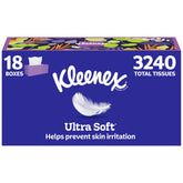 Kleenex front box showing branding and soft facial tissues, clear household benefit