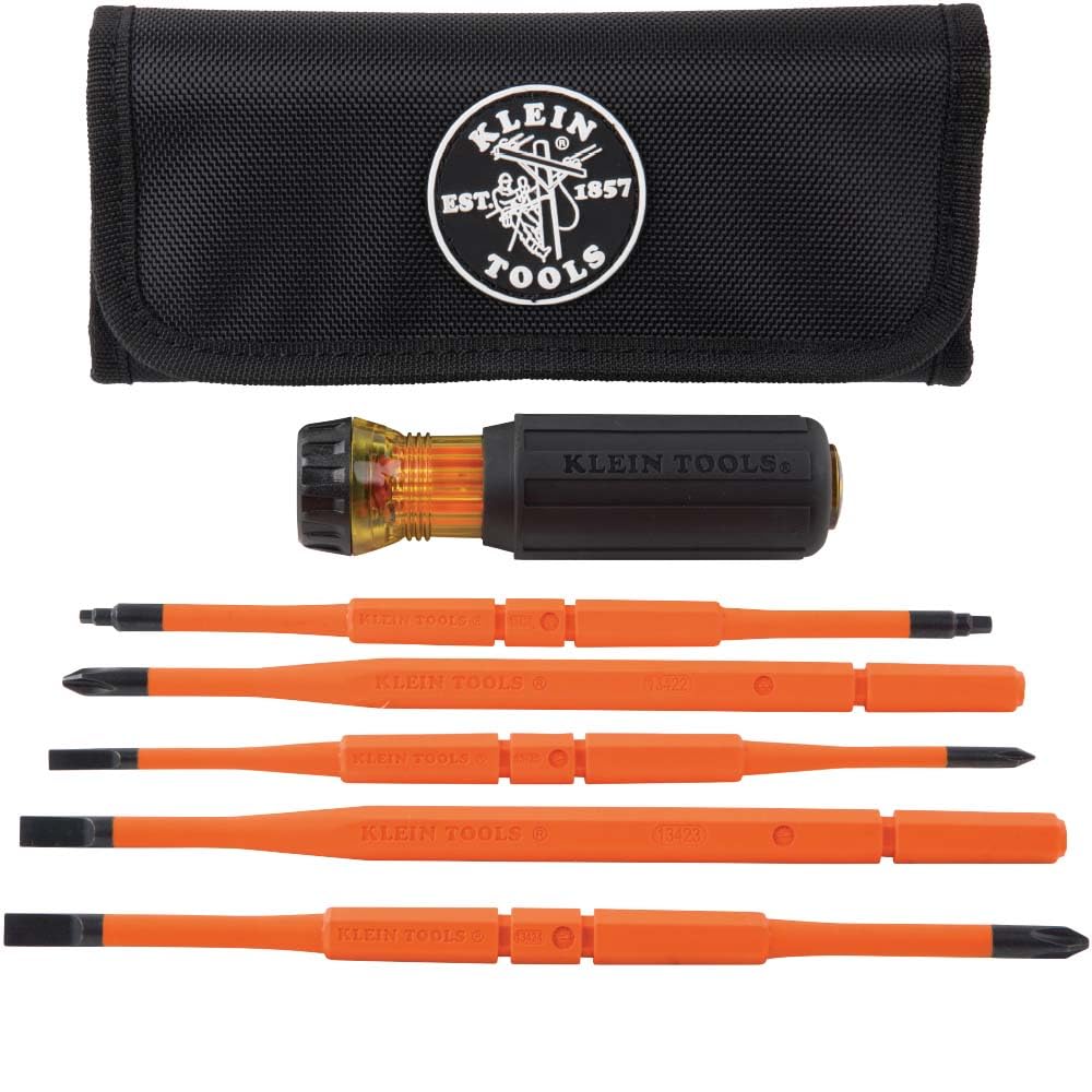 Klein Tools handle and five insulated blades showing compact kit benefit