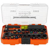 Klein Tools front view of full 28-piece pass-through impact set showing organized case and contents, professional durability