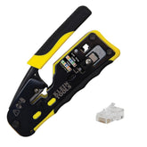 KLEIN TOOLS front view of crimper and 50 CAT6 plugs showing kit convenience