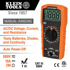 Klein Tools MM320 digital multimeter front closeup showing clear display for precise readings