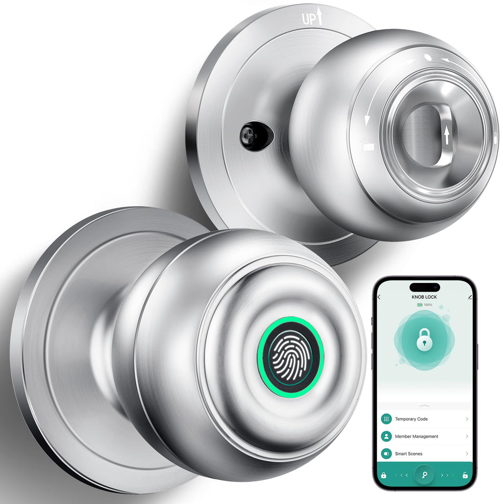 KLLOQUE front view of silver smart fingerprint door knob showing design and benefit