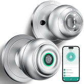 KLLOQUE front view of silver smart fingerprint door knob showing design and benefit