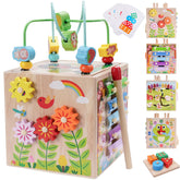 KMTJT front view of wooden activity cube showing all panels and packaging, ideal for gifting