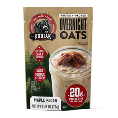 Kodiak Cakes ingredients display of oats, pecans, chia, flax highlighting premium ingredients