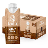Koia cacao bean front packaging showing bottle and chocolate benefit