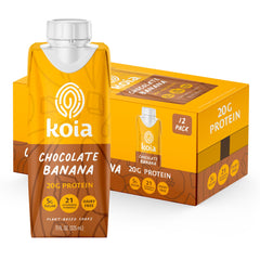 Koia bottle front packaging showing chocolate banana flavor and benefits