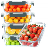 KOMUEE front view of five glass containers showing gray lids and organized storage benefit