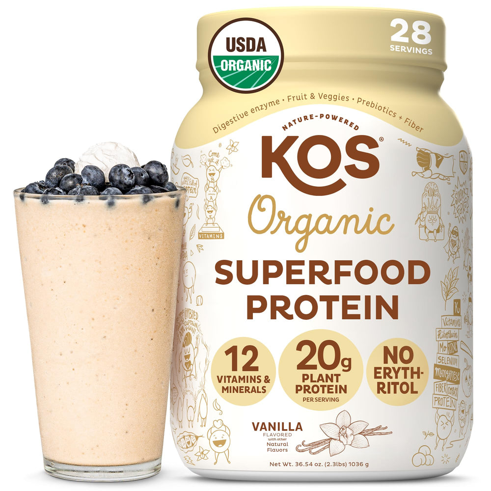 KOS front packaging showing vanilla plant protein, clear benefits