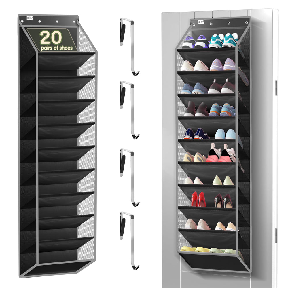Kotkn front view of over-the-door organizer showing full folded pockets and space saving