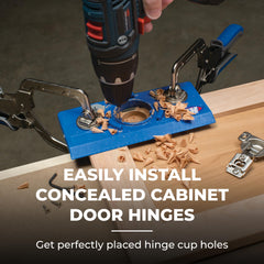 Kreg four-cutter 35mm bit closeup for clean hinge cup edges and less tear-out