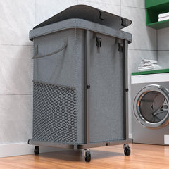 kunlabori front view of grey rolling hamper showing capacity and neat storage