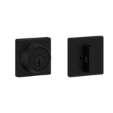 Kwikset matte black exterior showing square plate and modern curb appeal